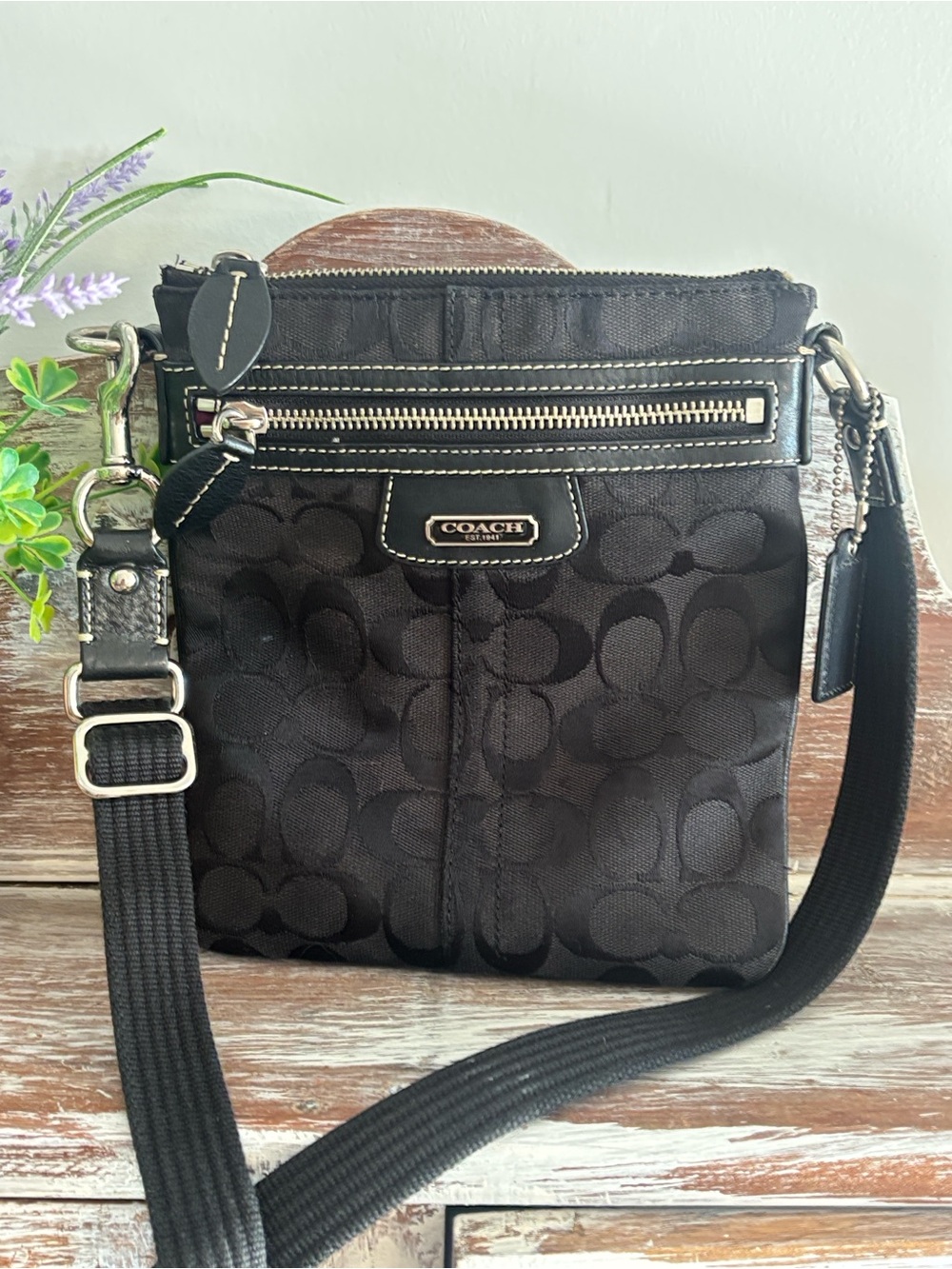 Coach Black Signature Crossbody with Silver Hardware